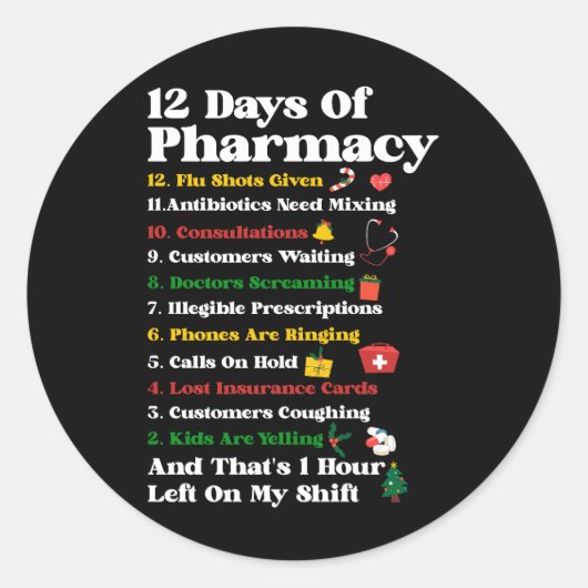 Sticker Rond 12 Jours de Pharmacie Funny Christmas Pharmacist T (Devant)