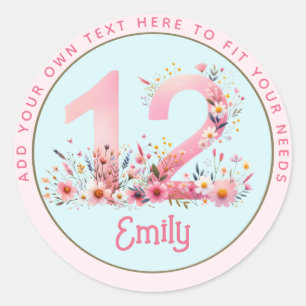 Sticker Rond 12e anniversaire Fairy Floral Pink Princess Fairyt