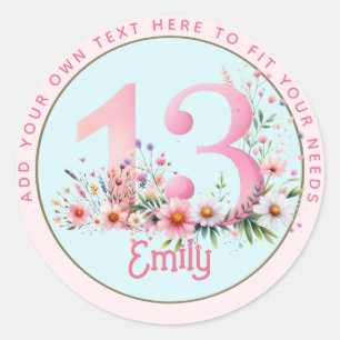 Sticker Rond 13e anniversaire Fairy Floral Pink Princess Fairyt
