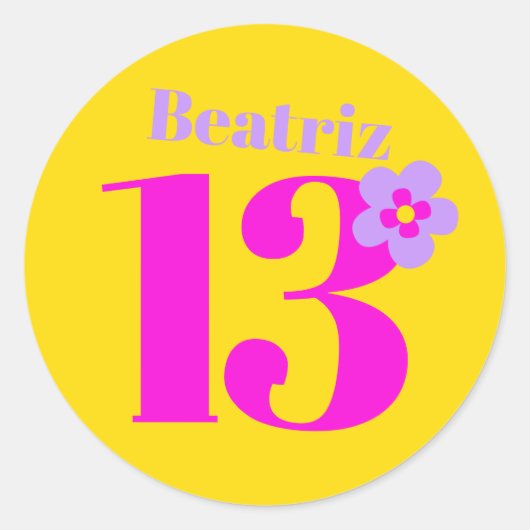 Sticker Rond 13ème anniversaire filles rose jaune violet (Devant)