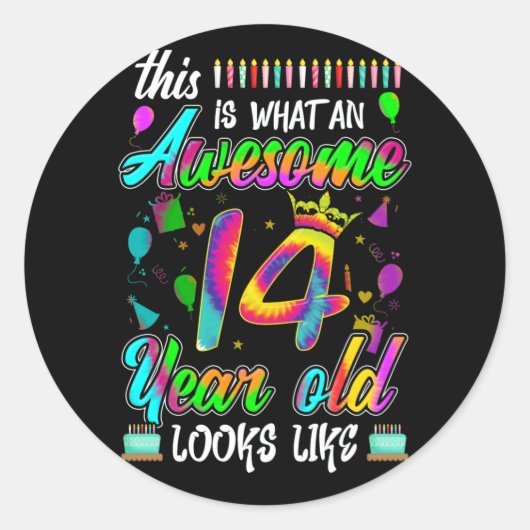 Sticker Rond 14e anniversaire Awesome 14 ans Il semble (Devant)