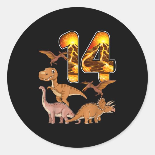 Sticker Rond 14th Birthday Dinosaur T-rex 14 Years Old Birthday (Devant)