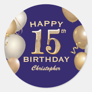 Sticker Rond 15e anniversaire de la fête Marine Bleu et Ballons