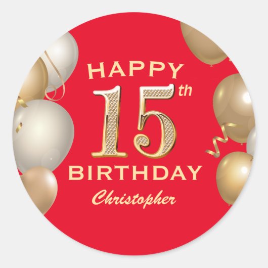 Sticker Rond 15e Anniversaire des Ballons Rouge et Or (Devant)