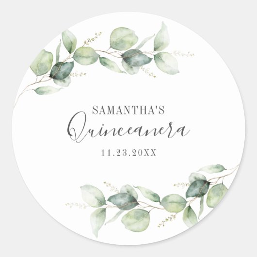 Sticker Rond 15e anniversaire Eucalyptus Verdure Quinceanera (Devant)