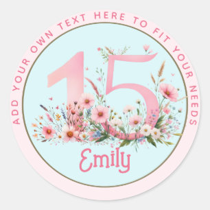 Sticker Rond 15e anniversaire Fairy Floral Pink Princess Fairyt