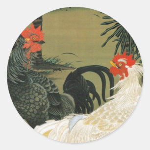 Sticker Rond 16. 棕 櫚 雄 鶏 図, 冲 palmier et coq, Jakuchu, 若