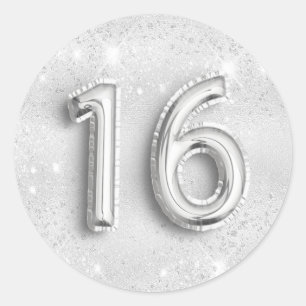 Sticker Rond 16e anniversaire argent parties scintillant numéro