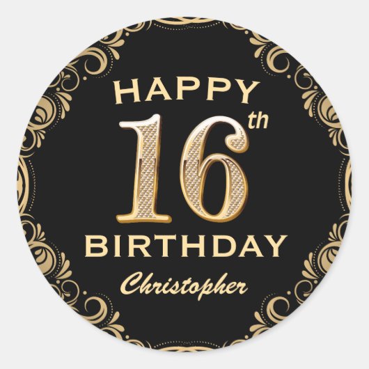 Sticker Rond 16e anniversaire de la Parties scintillant Noir et (Devant)