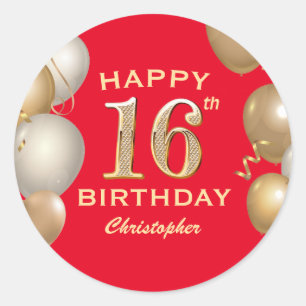 Sticker Rond 16e Anniversaire des Ballons Rouge et Or