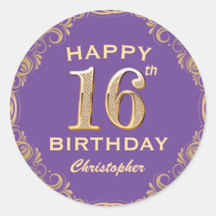 Sticker Rond 16e anniversaire fête violet et or Parties scintil