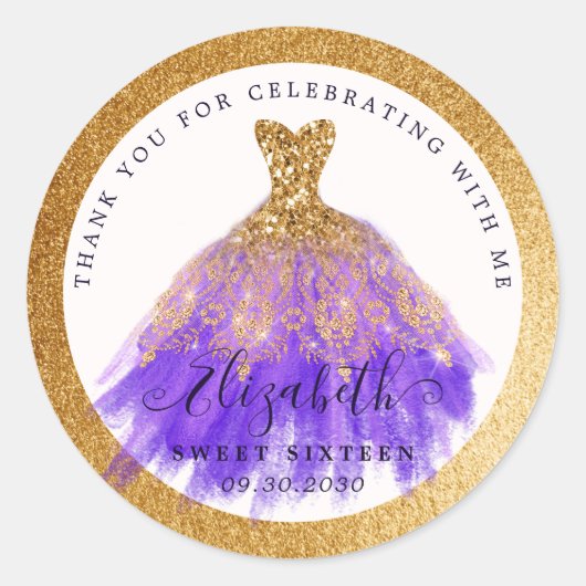 Sticker Rond 16e anniversaire Purple Gold Parties scintillant r (Devant)
