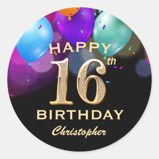 Sticker Rond 16e fête d'anniversaire Ballons noirs et or (Devant)