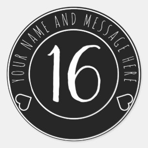 Sticker Rond 16e fête d'anniversaire Cool Noir et blanc Classiq