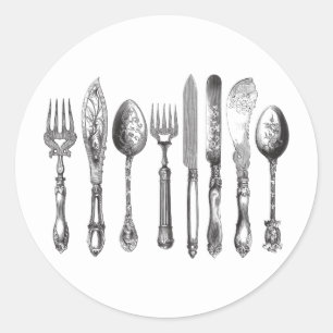 Sticker Rond 1800s blancs de couteau de cuillère de fourchette