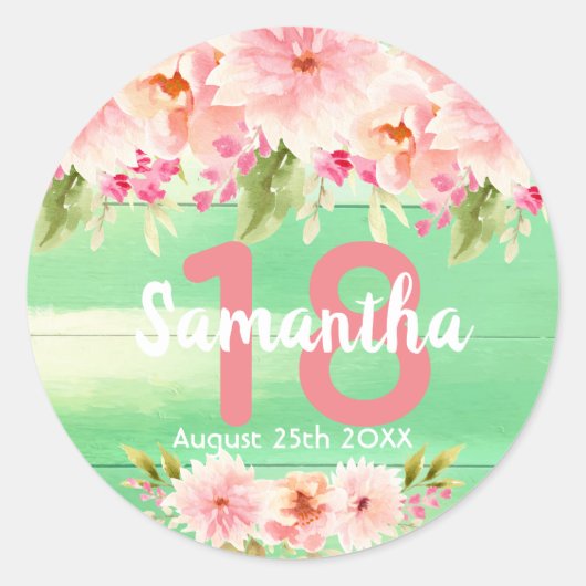 Sticker Rond 18e anniversaire coral dahlia fleurs vert (Devant)