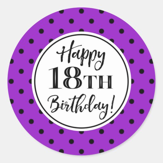 Sticker Rond 18e anniversaire Dots noirs blancs violets (Devant)