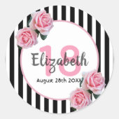 Sticker Rond 18e anniversaire florale rose noir rayures nom (Devant)