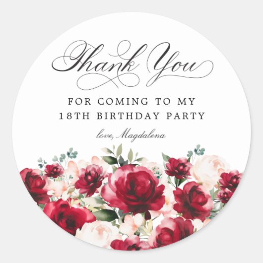 Sticker Rond 18e fête d'anniversaire Merci floral rose rouge (Devant)