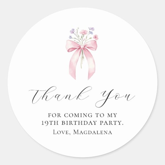 Sticker Rond 19e fête d'anniversaire Bow Custom Merci Favor (Devant)