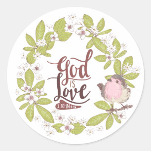 Sticker Rond 1 Jean 4:16 Dieu est Amour Floral Wreath mignon Oi