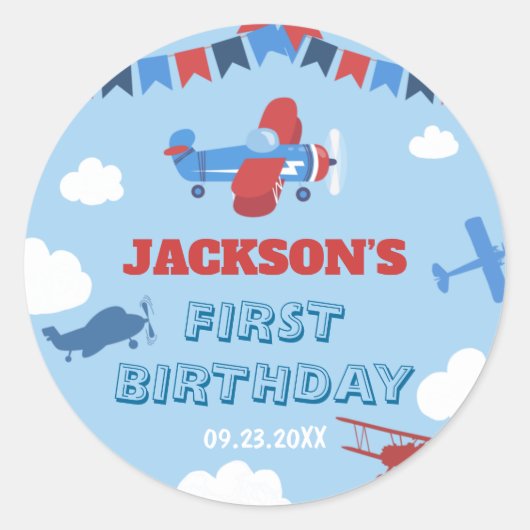 Sticker Rond 1er Anniversaire Avion Un an a soufflé Sky Cloud (Devant)