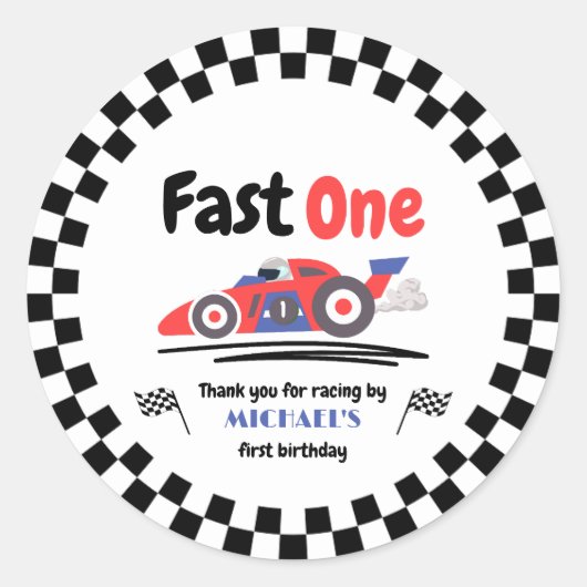 Sticker Rond 1er anniversaire Fast One Red Blue Race Car (Devant)