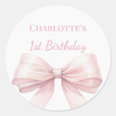 Sticker Rond 1er Anniversaire Nœud Rose Pâle Fille (Devant)