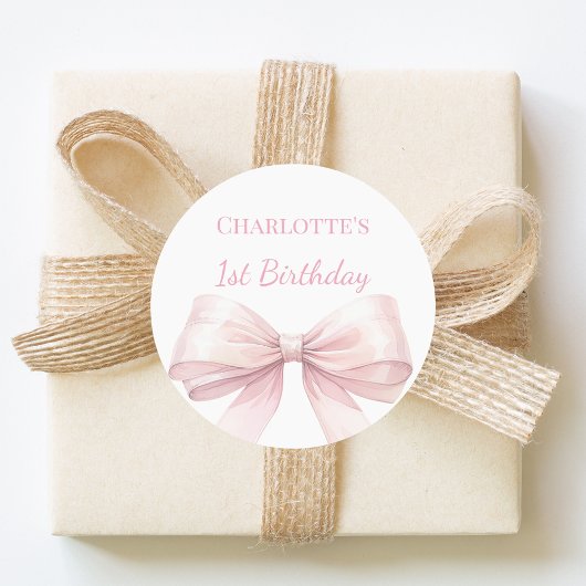 Sticker Rond 1er Anniversaire Nœud Rose Pâle Fille