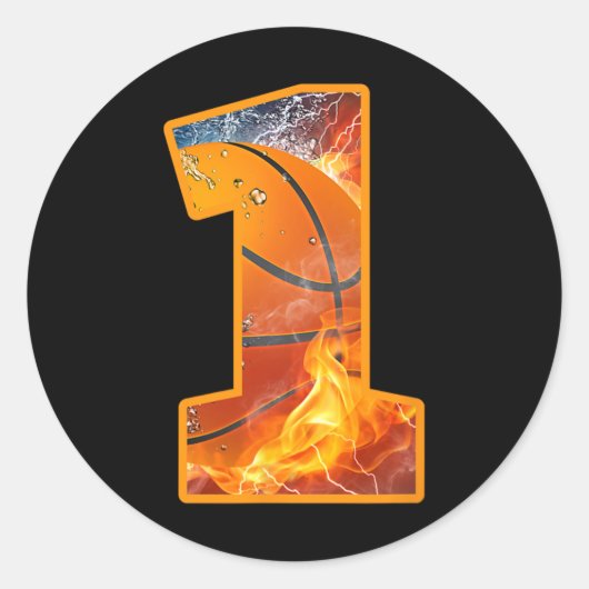 Sticker Rond 1er Anniversaire Party Basketball Imprimer Numéro  (Devant)