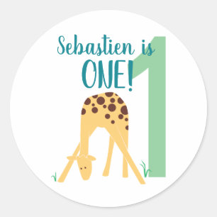 Sticker Rond 1er anniversaire personnalisé Giraffe jaune modern
