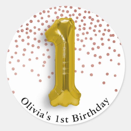 Sticker Rond 1er Anniversaire Rose Confetti & Gold Numéro Ballo (Devant)
