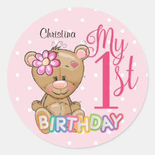 Sticker Rond 1er anniversaire Teddy Bear rose personnalisé