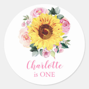 Sticker Rond 1er Anniversaire tournesol rose Floral Personnalis