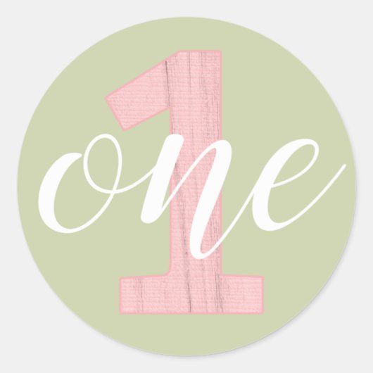 Sticker Rond 1er Anniversaire Un Sage Vert & Rose Bois (Devant)