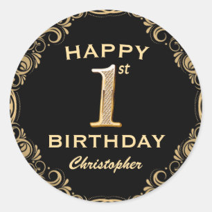 Sticker Rond 1ère fête d'anniversaire Parties scintillant noir 