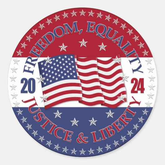 Sticker Rond 2024 États-Unis Drapeau Liberté, Égalité, Justice (Devant)