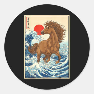 Sticker Rond 2026 Année du Cheval Art de la Vague Japonaise Nou