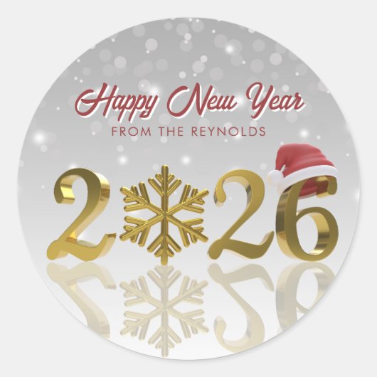 Sticker Rond 2026 Golden New Year with Snowflake and Santa Hat (Devant)