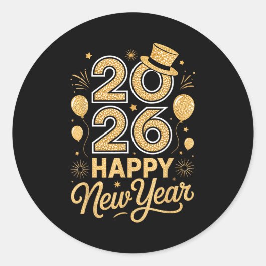 Sticker Rond 2026 Happy New Year Festive Top Hat Balloon Firewo (Devant)