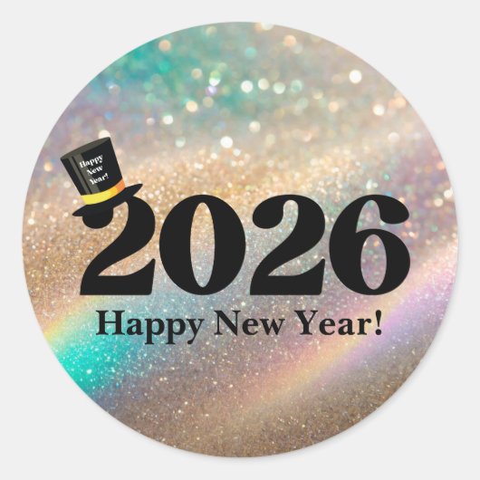 Sticker Rond 2026 happy new year, fun cute hat glitters (Devant)