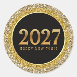 Sticker Rond 2027 bonne année, paillettes métalliques noires do