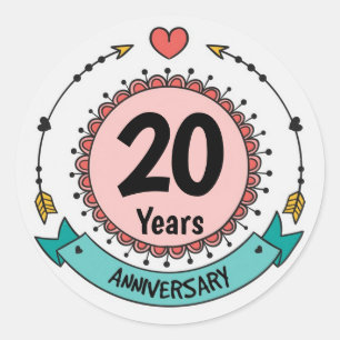 Sticker Rond 20 Anniversaire avec Coeurs et Flèches
