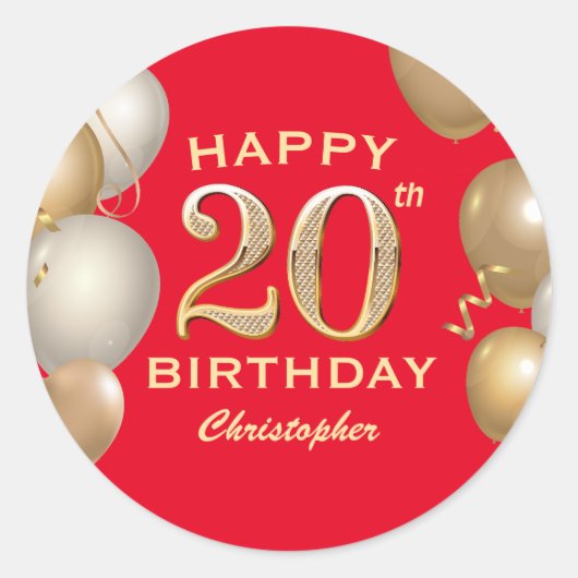 Sticker Rond 20e Anniversaire des Ballons Rouge et Or (Devant)