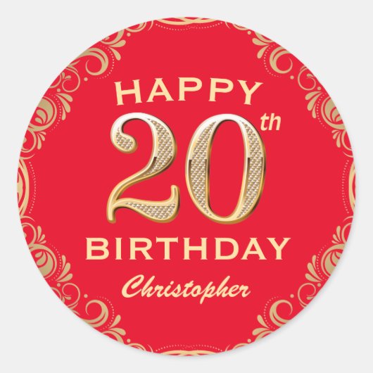 Sticker Rond 20e anniversaire Parties scintillant rouge et or c (Devant)