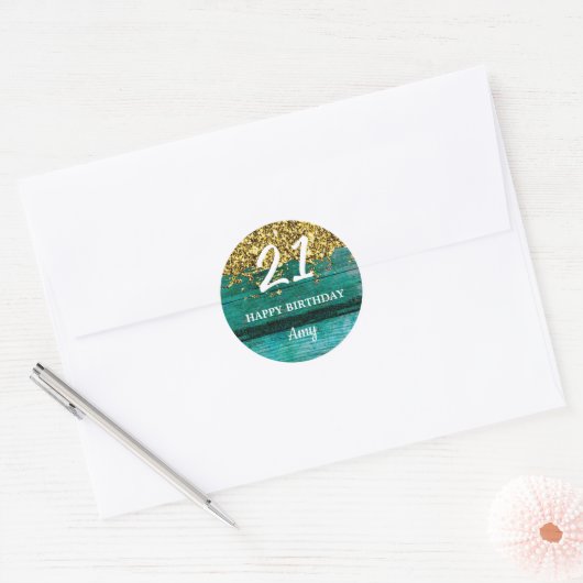 Sticker Rond 21 Anniversaire Fille Turquoise Parties scintillan (Enveloppe)