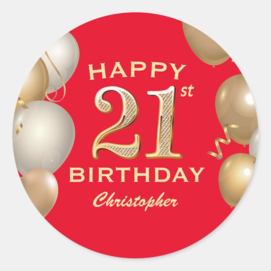 Sticker Rond 21e Anniversaire de Ballons Rouge et Or (Devant)