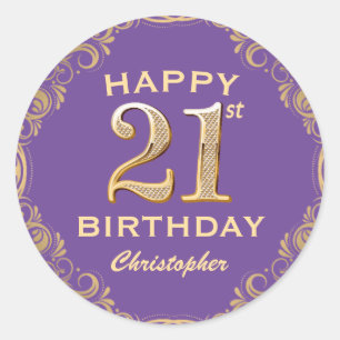 Sticker Rond 21e anniversaire fête violet et Parties scintillan