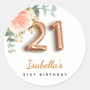 Sticker Rond 21e anniversaire floral rose or eucalyptus monogra