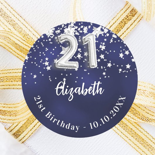 Sticker Rond 21e anniversaire marine bleu argent étoiles